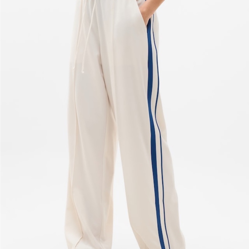 Athleta Cream Track Pants with Blue Stripe